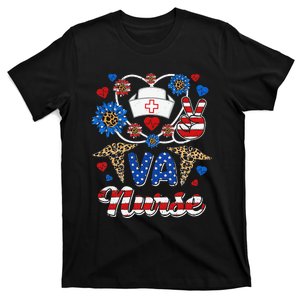 Leopard Sunflower VA Nurse American Flag Funny 4th Of July T-Shirt