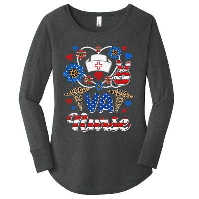 Leopard Sunflower VA Nurse American Flag Funny 4th Of July Women's Perfect Tri Tunic Long Sleeve Shirt