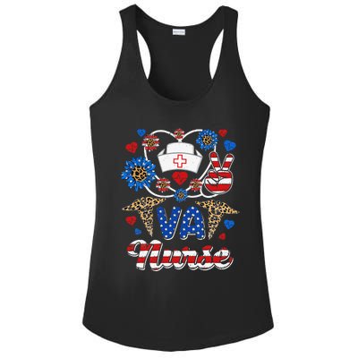 Leopard Sunflower VA Nurse American Flag Funny 4th Of July Ladies PosiCharge Competitor Racerback Tank