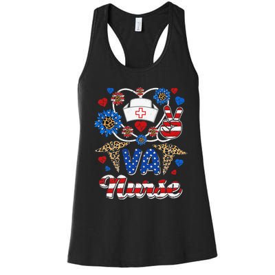 Leopard Sunflower VA Nurse American Flag Funny 4th Of July Women's Racerback Tank