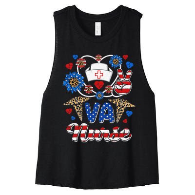 Leopard Sunflower VA Nurse American Flag Funny 4th Of July Women's Racerback Cropped Tank