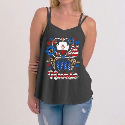 Leopard Sunflower VA Nurse American Flag Funny 4th Of July Women's Strappy Tank