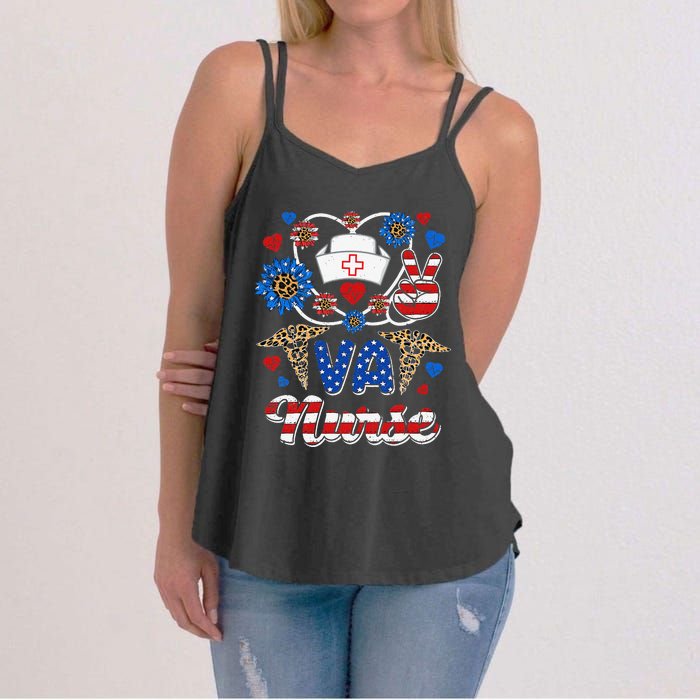 Leopard Sunflower VA Nurse American Flag Funny 4th Of July Women's Strappy Tank