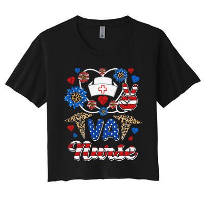 Leopard Sunflower VA Nurse American Flag Funny 4th Of July Women's Crop Top Tee