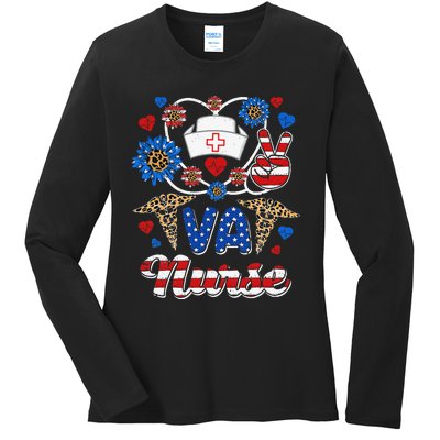 Leopard Sunflower VA Nurse American Flag Funny 4th Of July Ladies Long Sleeve Shirt