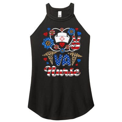 Leopard Sunflower VA Nurse American Flag Funny 4th Of July Women's Perfect Tri Rocker Tank