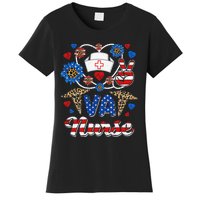 Leopard Sunflower VA Nurse American Flag Funny 4th Of July Women's T-Shirt