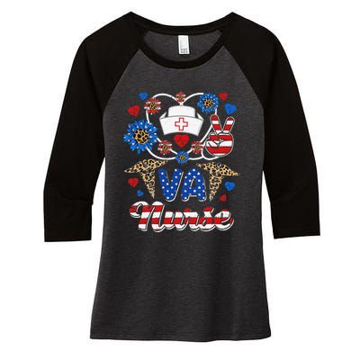 Leopard Sunflower VA Nurse American Flag Funny 4th Of July Women's Tri-Blend 3/4-Sleeve Raglan Shirt