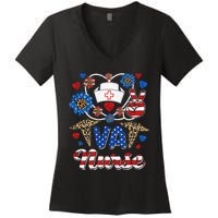 Leopard Sunflower VA Nurse American Flag Funny 4th Of July Women's V-Neck T-Shirt