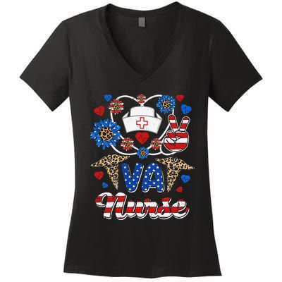 Leopard Sunflower VA Nurse American Flag Funny 4th Of July Women's V-Neck T-Shirt