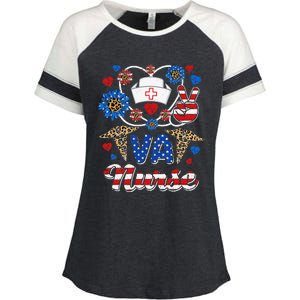 Leopard Sunflower VA Nurse American Flag Funny 4th Of July Enza Ladies Jersey Colorblock Tee