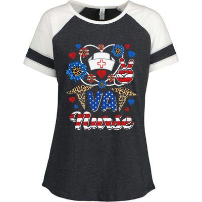 Leopard Sunflower VA Nurse American Flag Funny 4th Of July Enza Ladies Jersey Colorblock Tee