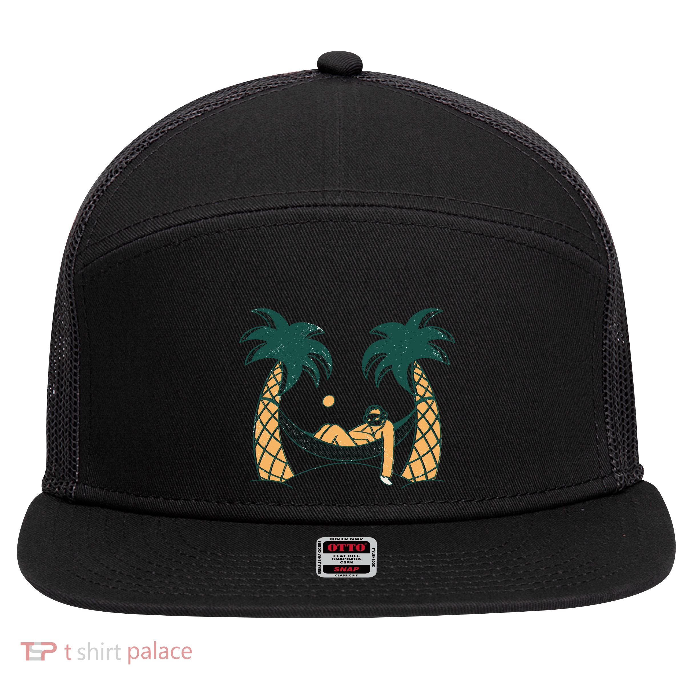 Lazy Sloth Vacation Palm Tree 7 Panel Mesh Trucker Snapback Hat