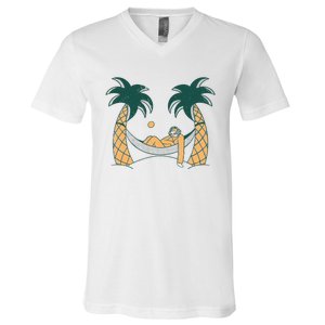 Lazy Sloth Vacation Palm Tree V-Neck T-Shirt