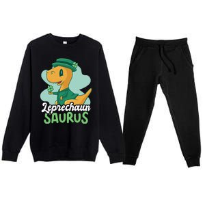 Leprechaun Saurus With A Dinosaur For St Patrick's Day Gift Premium Crewneck Sweatsuit Set