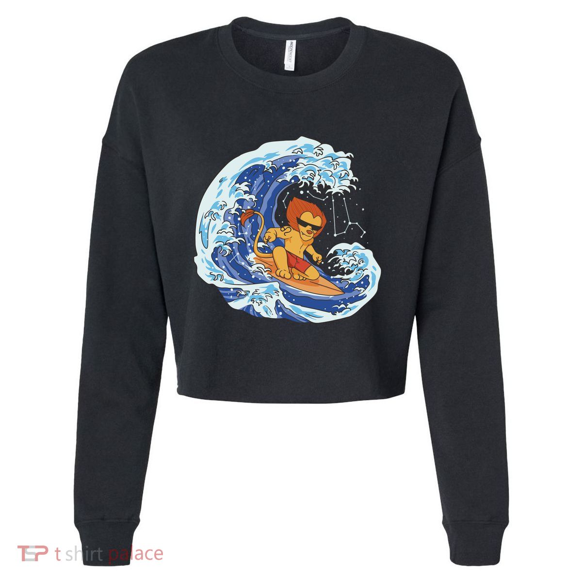 Lion Surfing Wave Cropped Pullover Crew