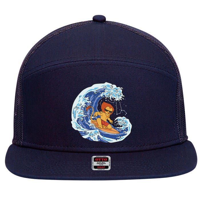 Lion Surfing Wave 7 Panel Mesh Trucker Snapback Hat