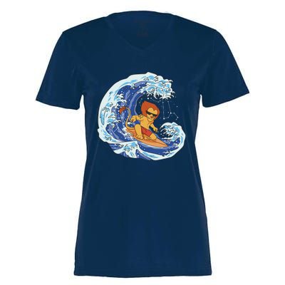 Lion Surfing Wave Women's Momentum V-Neck T-Shirt