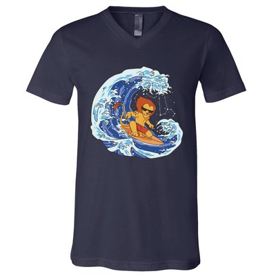 Lion Surfing Wave V-Neck T-Shirt