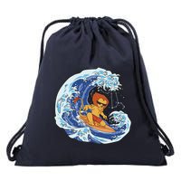 Lion Surfing Wave Drawstring Bag