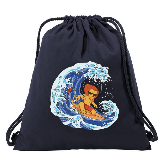 Lion Surfing Wave Drawstring Bag