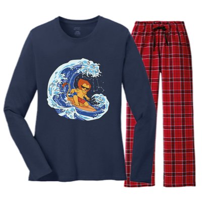 Lion Surfing Wave Women's Long Sleeve Flannel Pajama Set 