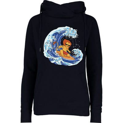 Lion Surfing Wave Womens Funnel Neck Pullover Hood