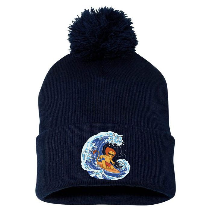 Lion Surfing Wave Pom Pom 12in Knit Beanie