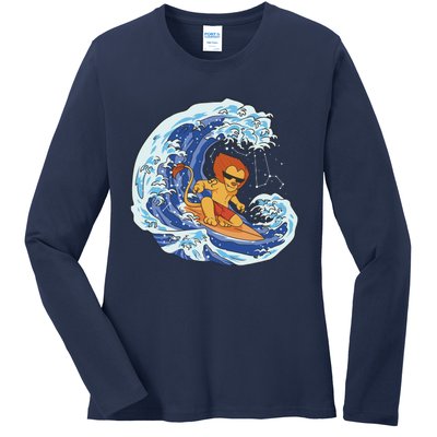 Lion Surfing Wave Ladies Long Sleeve Shirt