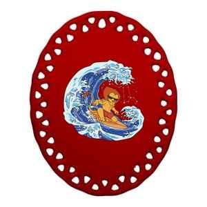 Lion Surfing Wave Ceramic Oval Ornament