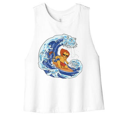 Lion Surfing Wave Women's Racerback Cropped Tank