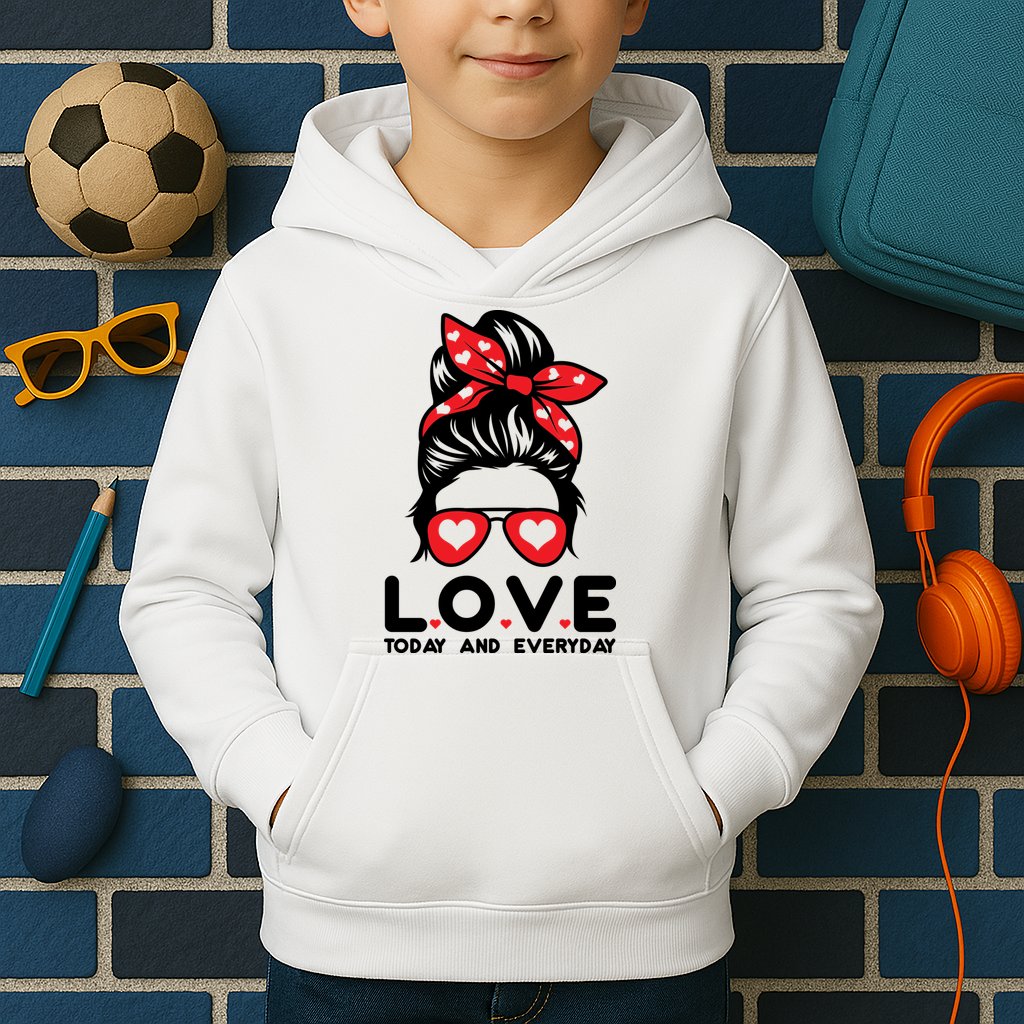 Love Today And Everyday Cute Valentine Hair Bun Kids Hoodie