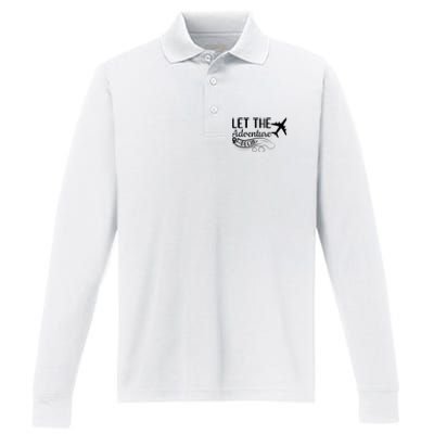 Let The Adventure Begin Love Travel Airplane Traveling Performance Long Sleeve Polo