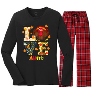 LOVE Turkey Aunt Pumpkin Happy Thanksgiving Autumn Gifts Women's Long Sleeve Flannel Pajama Set 