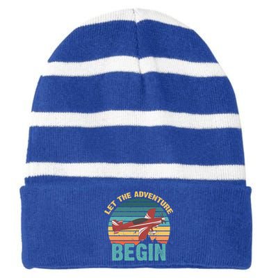 Let The Adventure Begin Airplane Adventure Travel Mode Gift Striped Beanie with Solid Band