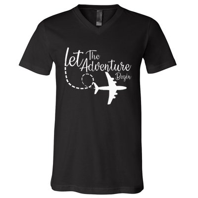 Let The Adventure Begin Inspirational Airplane Travel Mode V-Neck T-Shirt