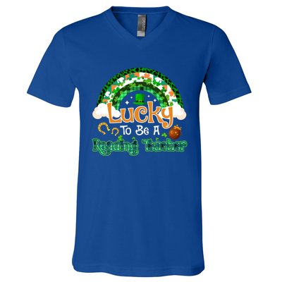 Lucky To Be Reading Teacher Shamrock Patrick Day Gift V-Neck T-Shirt