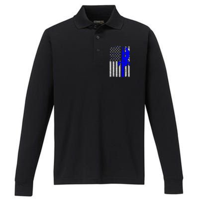 Line Thin Blue Line American Flag Us Independence Great Gift Performance Long Sleeve Polo