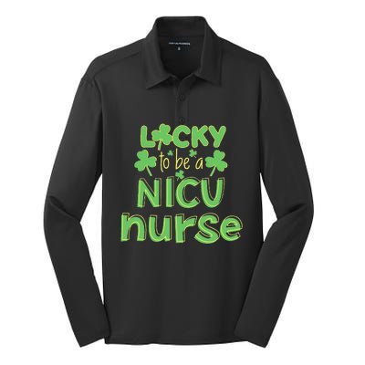 Lucky To Be A NICU Nurse ST Patricks Day Gift RN Shamrock Silk Touch Performance Long Sleeve Polo