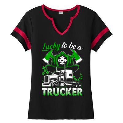 Lucky To Be A Trucker Truck Driver Patricks Day Irish Truck Funny Gift Ladies Halftime Notch Neck Tee