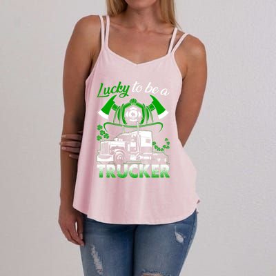 Lucky To Be A Trucker Truck Driver Patricks Day Irish Truck Funny Gift Women's Strappy Tank