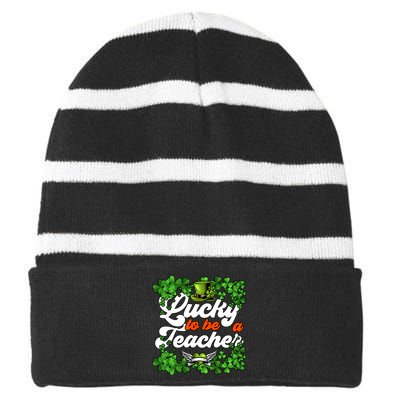 Lucky To Be A Teacher Shamrock Irish St Patricks Day Striped Beanie with Solid Band