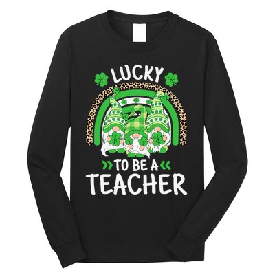 Lucky To Be A Teacher St Patricks Day Shamrock Gnome Rainbow Long Sleeve Shirt