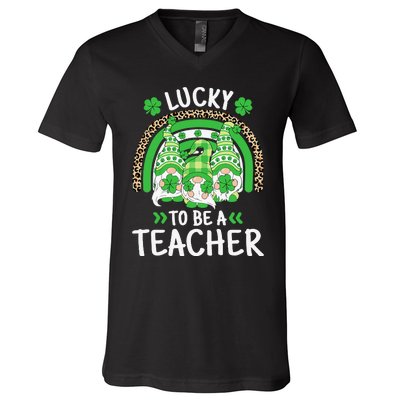 Lucky To Be A Teacher St Patricks Day Shamrock Gnome Rainbow V-Neck T-Shirt