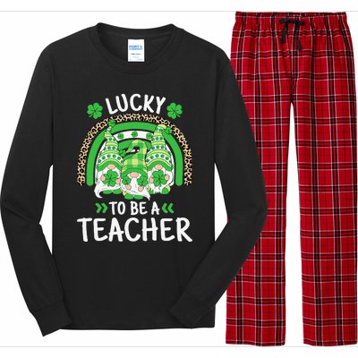 Lucky To Be A Teacher St Patricks Day Shamrock Gnome Rainbow Long Sleeve Pajama Set