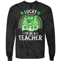 Lucky To Be A Teacher St Patricks Day Shamrock Gnome Rainbow Tie-Dye Long Sleeve Shirt