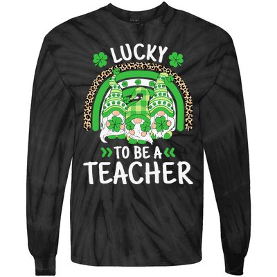 Lucky To Be A Teacher St Patricks Day Shamrock Gnome Rainbow Tie-Dye Long Sleeve Shirt