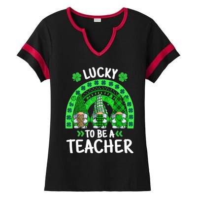 Lucky To Be A Teacher St Patricks Day Shamrock Gnome Rainbow Ladies Halftime Notch Neck Tee