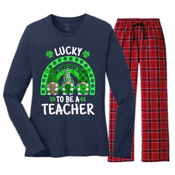 Lucky To Be A Teacher St Patricks Day Shamrock Gnome Rainbow Women's Long Sleeve Flannel Pajama Set 