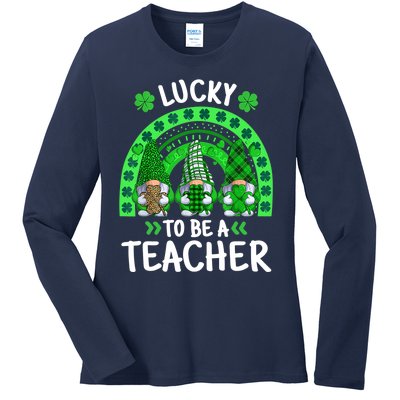 Lucky To Be A Teacher St Patricks Day Shamrock Gnome Rainbow Ladies Long Sleeve Shirt